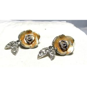 CHANEL Camilla Flower & Rhinestones CC Logo Drop Clip On Earrings